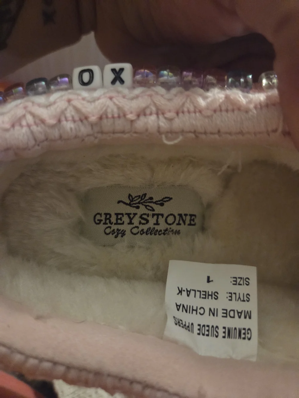 Greyson Tan Suede Kids Slippers with Pink Trim and Bead Accents